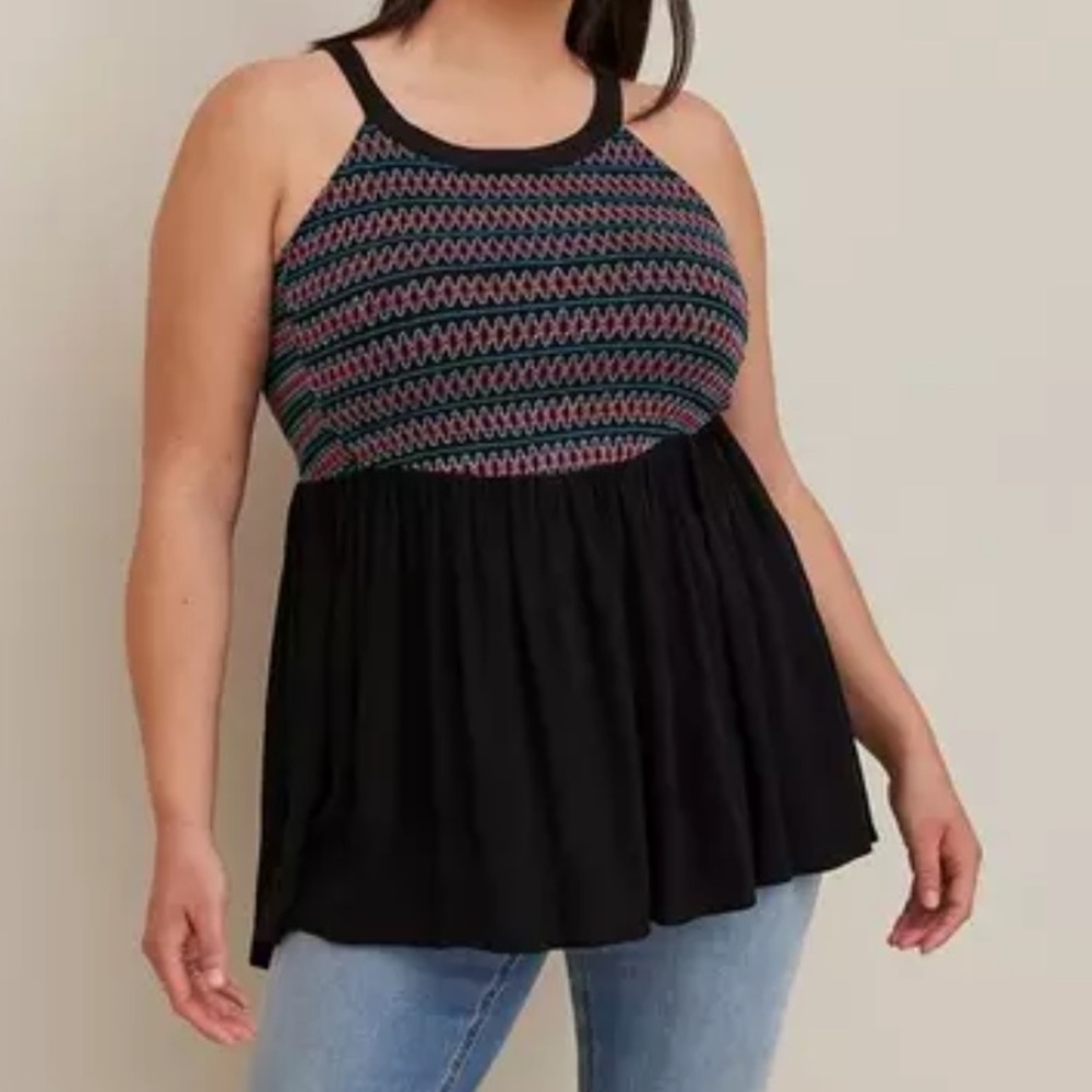 Torrid Smocked Halter Top Black Gauze Pink Blue Motif Tank 1X